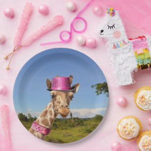 Giraffe in sparkly pink hat paper plates