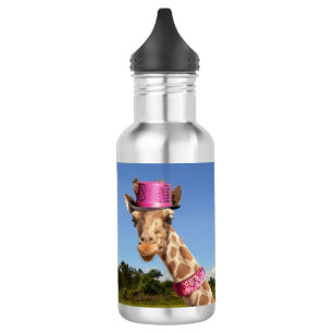 Giraffe in sparkly pink hat Water Bottle