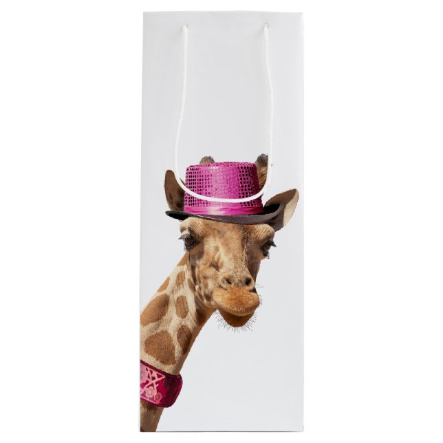 Giraffe in sparkly pink hat wine gift bag (Front)