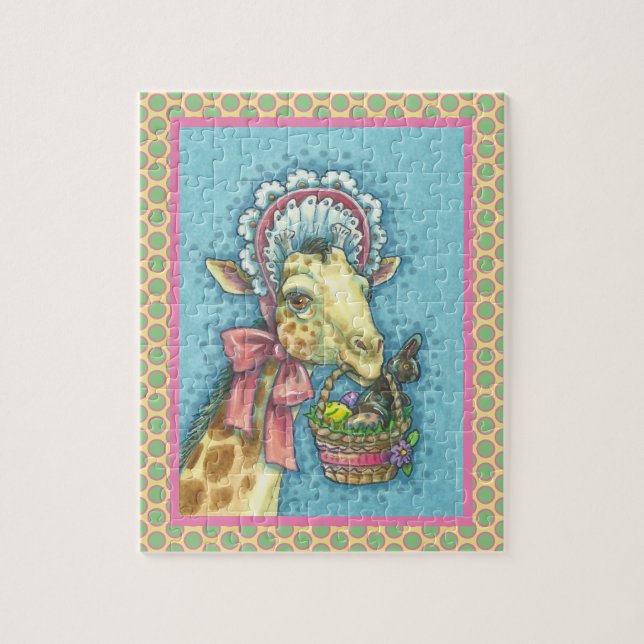 GIRAFFE IN SPRING EASTER BONNET, EGG BASKET PUZZLE (Vertical)