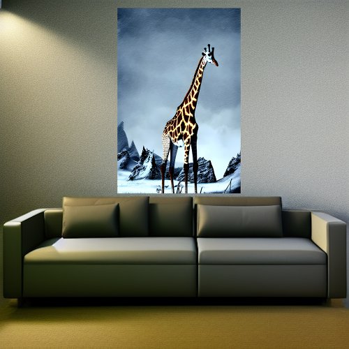 Giraffe in the snowy mountain  AI Art  Poster