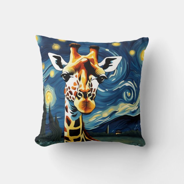Giraffe in the Starry Night Throw Pillow (Front)