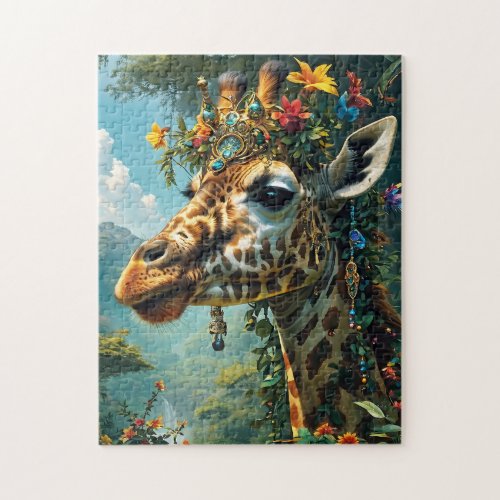 Giraffe in vibrant jungle adorn with jewels jigsaw puzzle