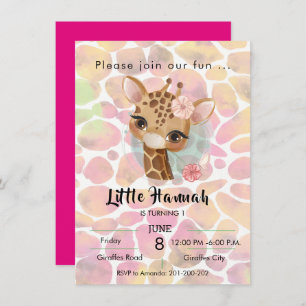 Giraffe in watercolor girls birthday invitation