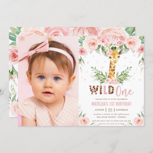 Giraffe Jungle Blush Floral 1st Birthday Photo Invitation