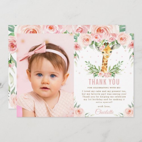 Giraffe Jungle Blush Floral 1st Birthday Photo  Thank You Card