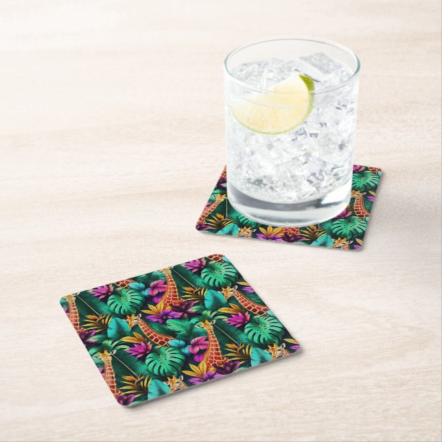 Giraffe Jungle Dreams Seamless Surface Pattern Square Paper Coaster (Insitu)