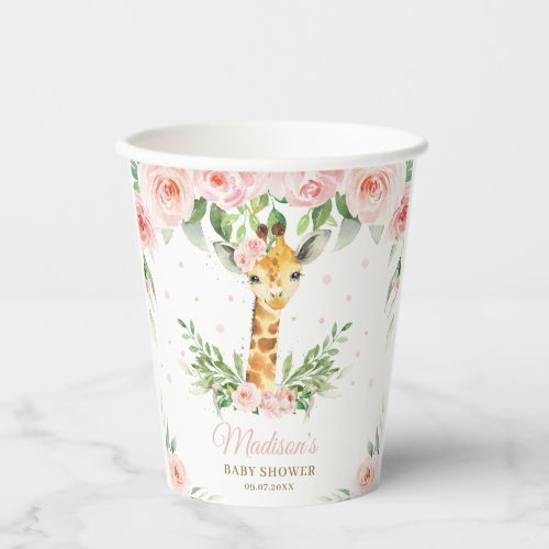 Giraffe Jungle Pink Floral Baby Shower Birthday Paper Cups