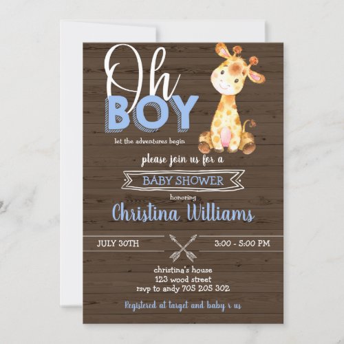 Giraffe Jungle Rustic Baby Boy Wood Baby Shower Invitation