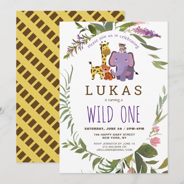 Giraffe Jungle Safari Animal 1st Birthday  Invitation (Front/Back)