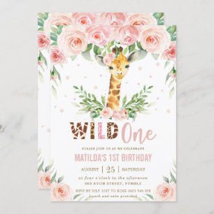 Giraffe Jungle Safari Blush Floral 1st Birthday Invitation