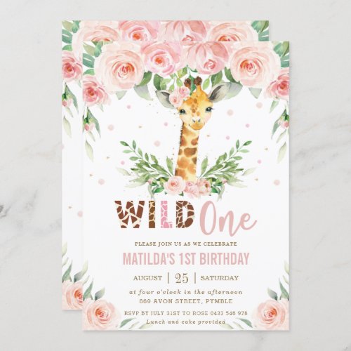 Giraffe Jungle Safari Blush Floral 1st Birthday  Invitation