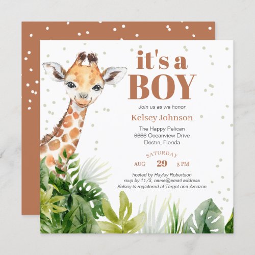 Giraffe Jungle Safari Boy Baby Shower Invitation