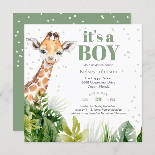 Giraffe Jungle Safari Boy Green Baby Shower Invitation