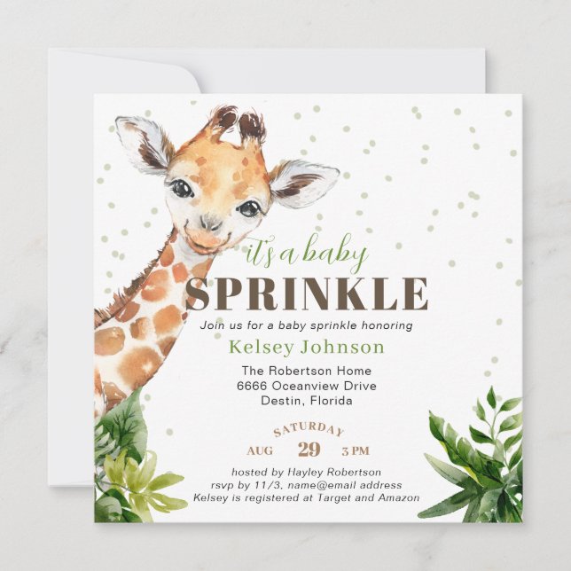 Giraffe Jungle Safari It's a Baby Sprinkle Invitation (Front)
