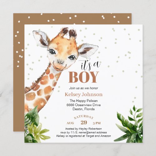 Giraffe Jungle Safari Its a Boy Green Baby Shower Invitation