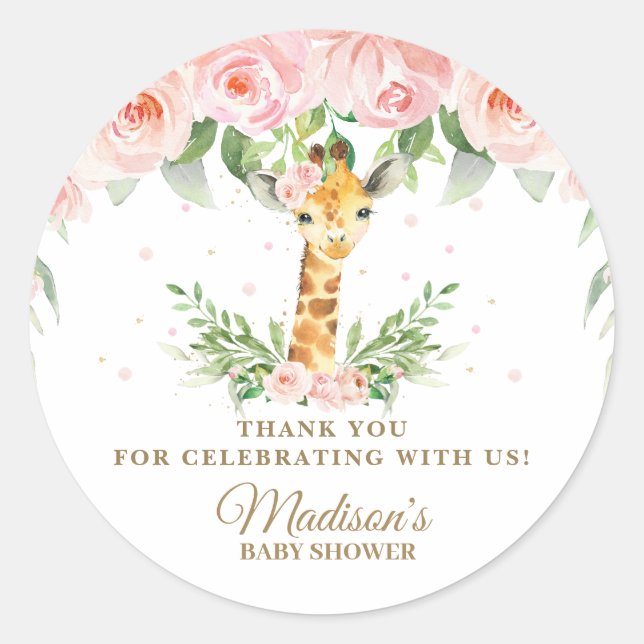 Giraffe Jungle Safari Pink Floral Thank You Favor  Classic Round Sticker (Front)