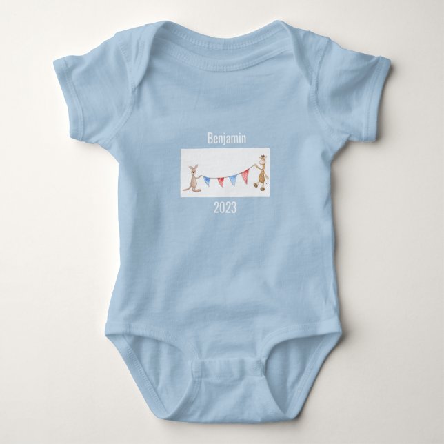 Giraffe Kangaroo Personalized Name Year Blue Baby Bodysuit (Front)