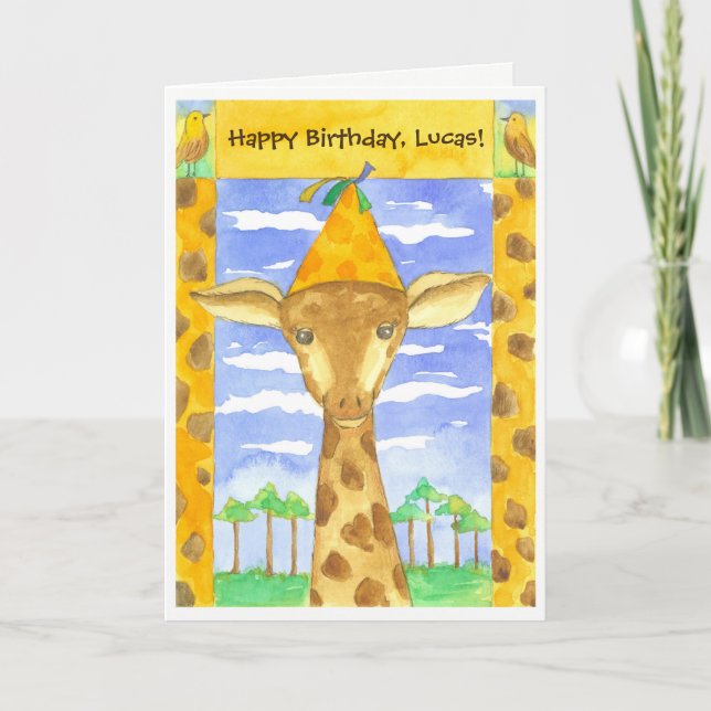 Giraffe Kids Happy Birthday Custom Name Card (Front)
