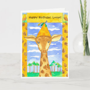 Giraffe Kids Happy Birthday Custom Name Card