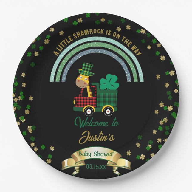 Giraffe Leprechaun Rainbow Baby Shower Welcome Paper Plates (Front)