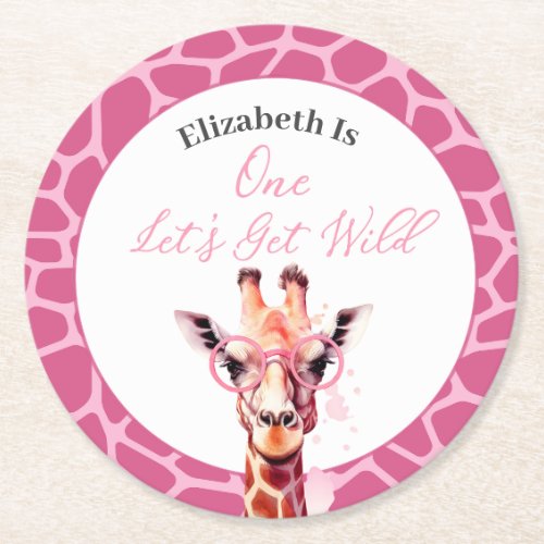 Giraffe _ Lets Get Wild _ 1st Birthday Round Paper Coaster