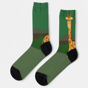 Giraffe looking out, in a swampy forest green socks