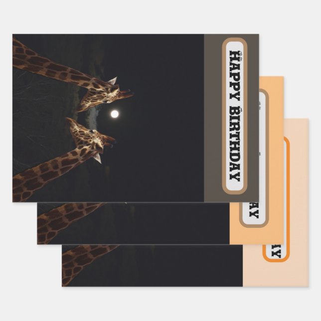Giraffe Love In The Moonlight, Birthday Wrapping Paper Sheets (Set)