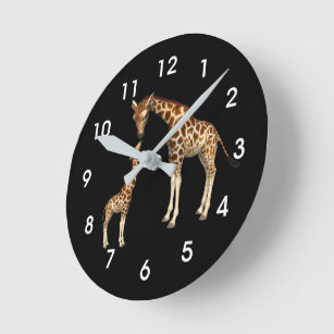 Giraffe Love: Mother and Baby Black Round Clock