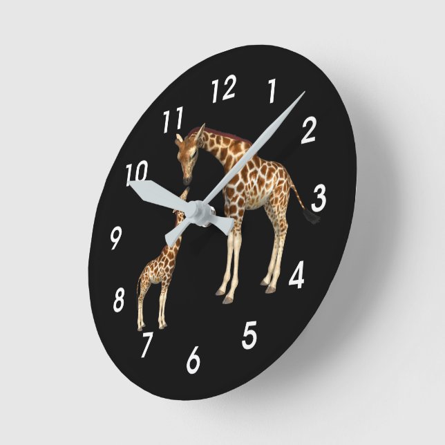Giraffe Love: Mother and Baby Black Round Clock (Angle)