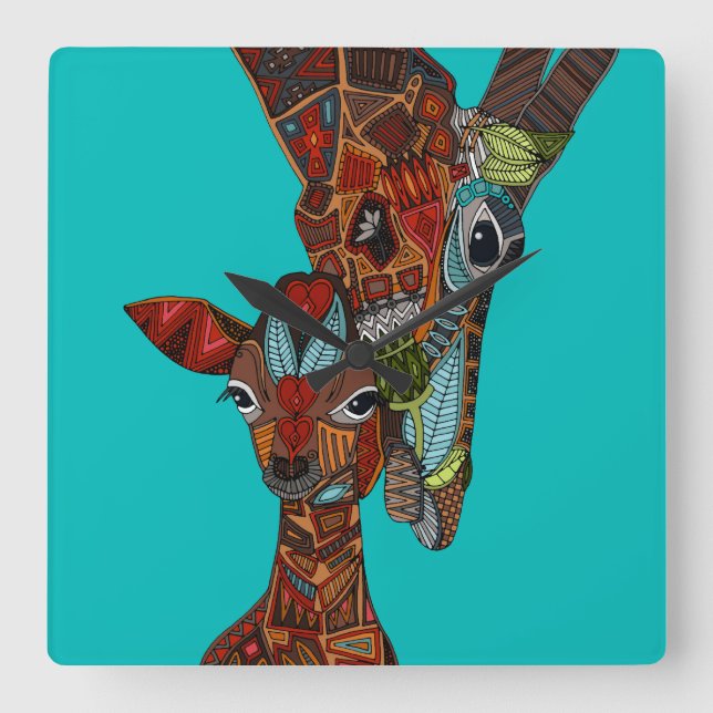 giraffe love turquoise square wall clock (Front)