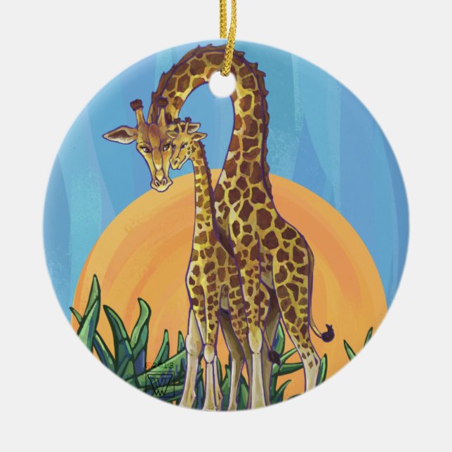 Giraffe Mama and Baby Ceramic Ornament (Front)