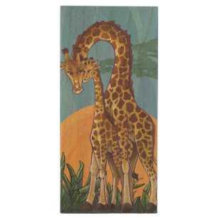 Giraffe Mama and Baby Wood USB Flash Drive