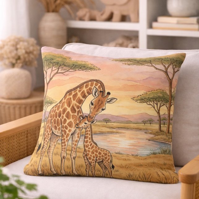 Giraffe Mama And Calf Safari Animals  Throw Pillow (Creator Uploaded)