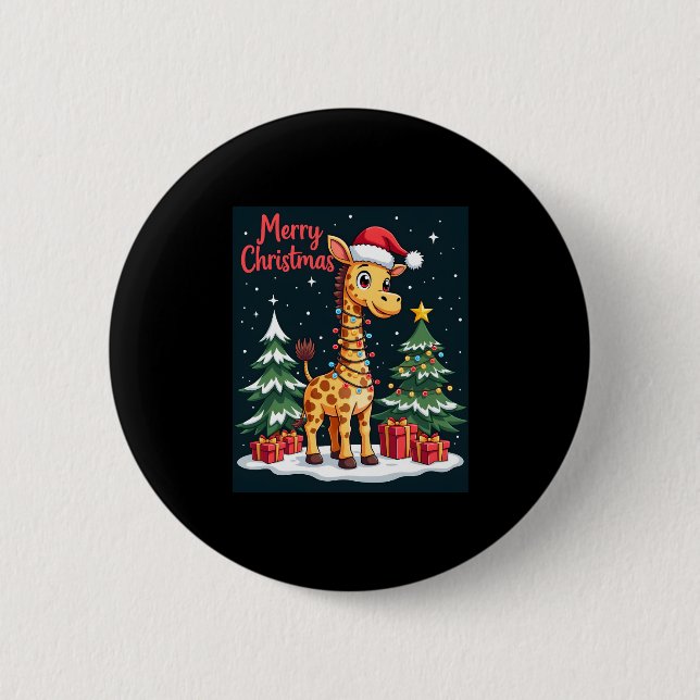 Giraffe Merry Christmas Tree Lighting Santa Giraff Button (Front)