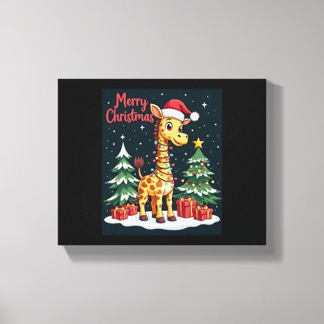 Giraffe Merry Christmas Tree Lighting Santa Giraff Canvas Print (Front)