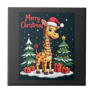 Giraffe Merry Christmas Tree Lighting Santa Giraff Ceramic Tile