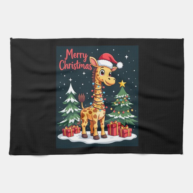 Giraffe Merry Christmas Tree Lighting Santa Giraff Kitchen Towel (Horizontal)