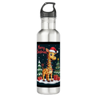 Giraffe Merry Christmas Tree Lighting Santa Giraff Stainless Steel Water Bottle
