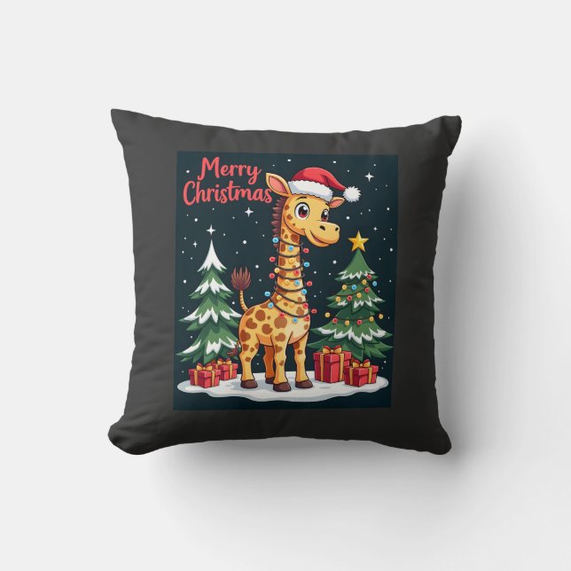 Giraffe Merry Christmas Tree Lighting Santa Giraff Throw Pillow (Front)