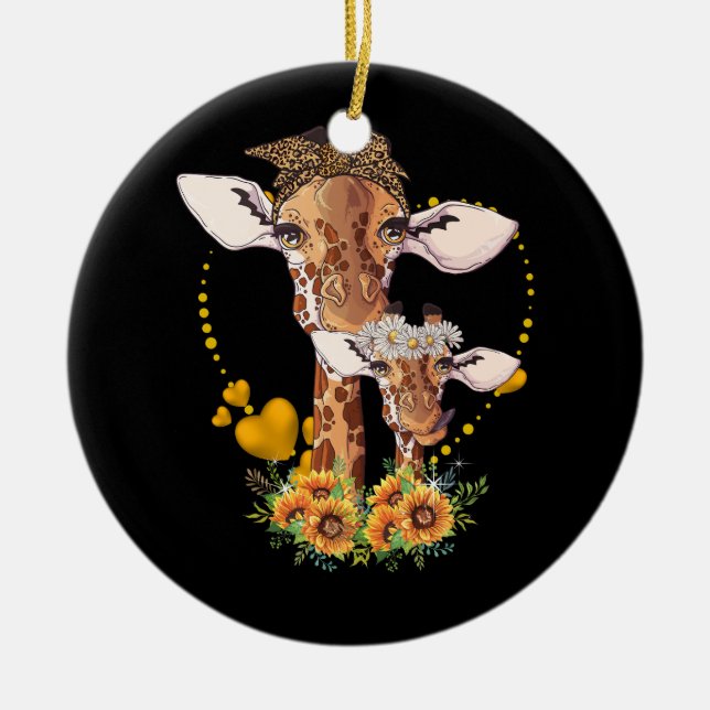 Giraffe Mom And Child Sunflower Wildlife Safari An Ceramic Ornament (Front)