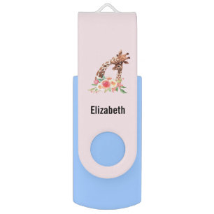 Giraffe Mom & Baby Cute Watercolor Flash Drive