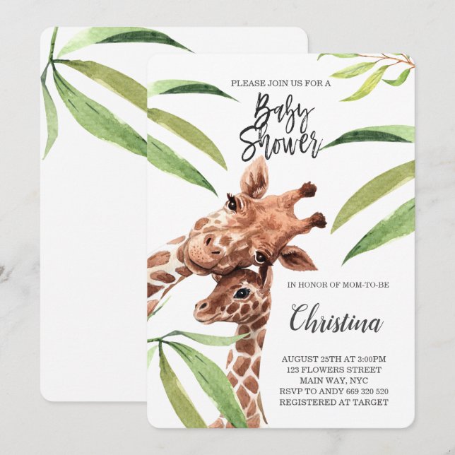Giraffe Mom & Baby Greenery Eucalyptus Baby Shower Invitation (Front/Back)