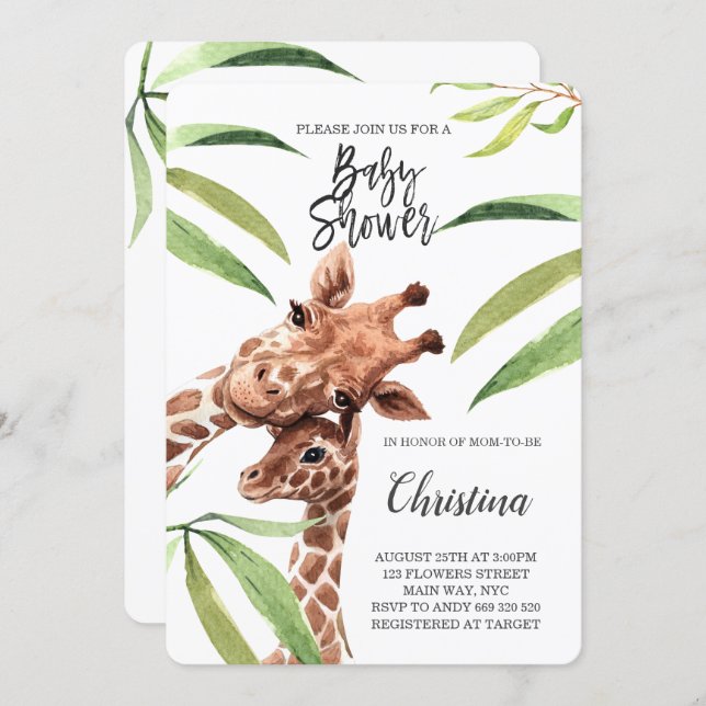 Giraffe Mom & Baby Greenery Eucalyptus Baby Shower Invitation (Front/Back)
