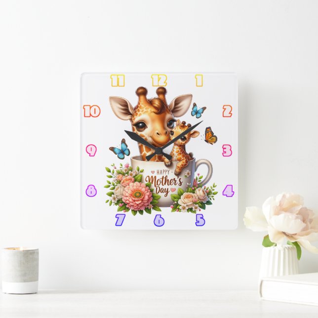 Giraffe Mom: Calf, Flowers, Mother's Day Square Wall Clock (Home)