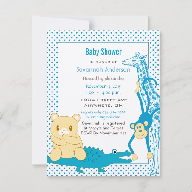 Giraffe Monkey Alligator Baby Teddy Boy Shower Invitation (Front)