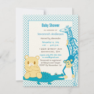 Giraffe Monkey Alligator Baby Teddy Boy Shower Invitation