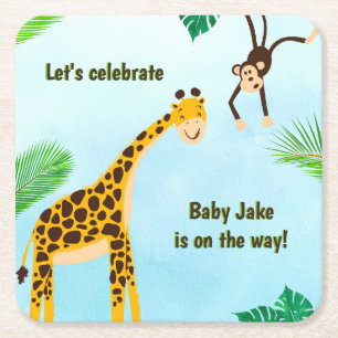 Giraffe & Monkey Safari or Zoo Party Animal Square Paper Coaster