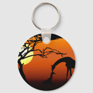 Giraffe Mother and Baby in African Sunset Keychain