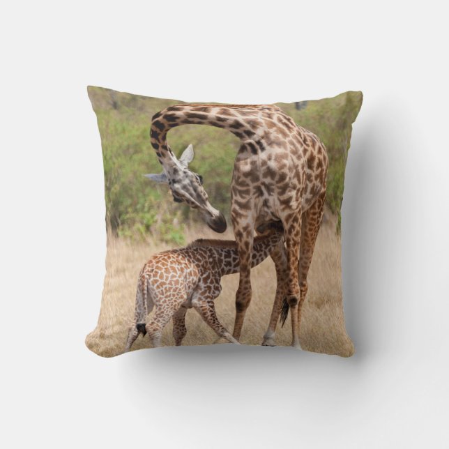 Giraffe Mother and Baby in Kenya Throw Pillow (Front)
